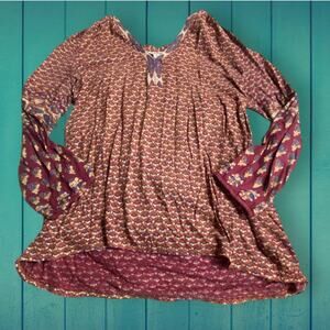 Lucky Brand Burgundy Paisley High Low Long Sleeve Shirt Cotton Linen Size S